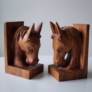 Vintage Horse Bookends Wood‎ Carved Head Sculpture Book Ends Set of 2 Handmade